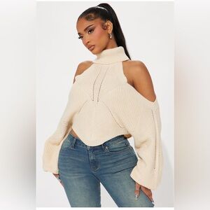 Cream Turtleneck Cold Shoulder Sweater